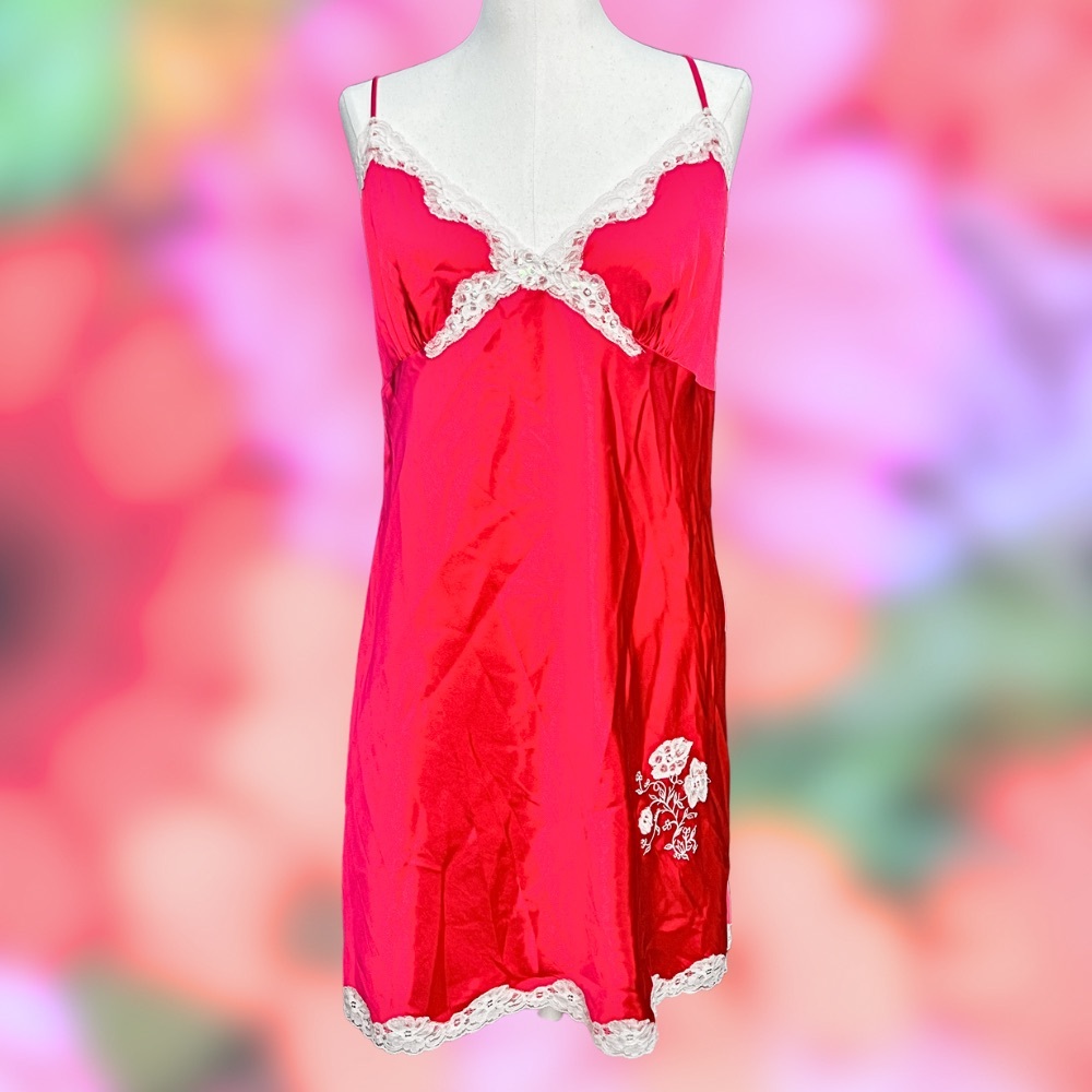 Vintage Lingerie - Hot Pink Lacy Slip Dress - Size 12 - Secret Treasures - Lace